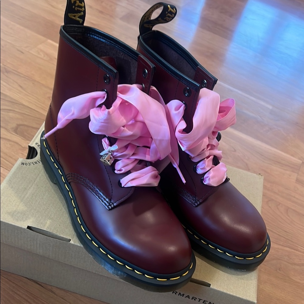 Dr. Martens smooth cherry Red (Burgundy) Leather Boots with Pink Ribbon Laces